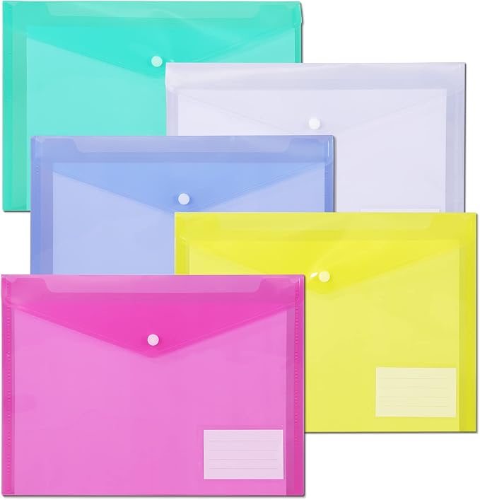 10 Pack Plastic Envelopes for Documents, Clear Folders with Label Pockets, 5 Colors 2 Each, Clear Poly File Folders Letter Size/A4, Hook and Loop Closure,Document Envelopes for School Office Home