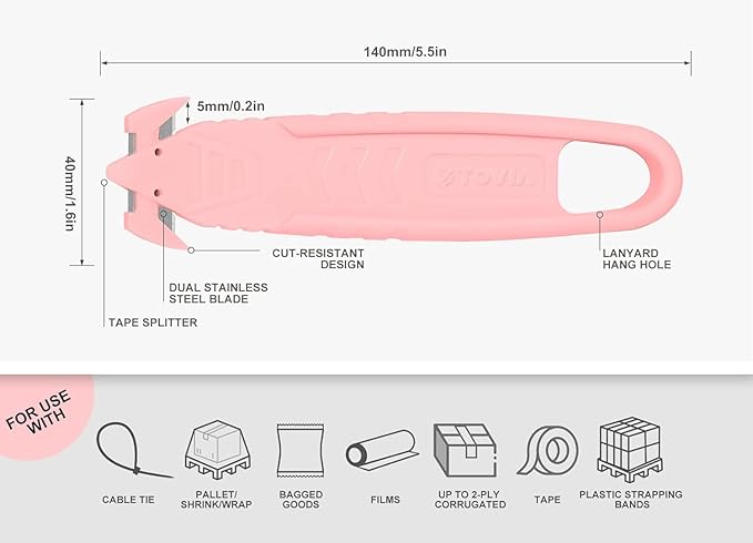 T TOVIA 100 Pcs Safety Box Cutter Knife of Double-sided Recessed Concealed Blade for Household, Warehouse, Workshop - Pink