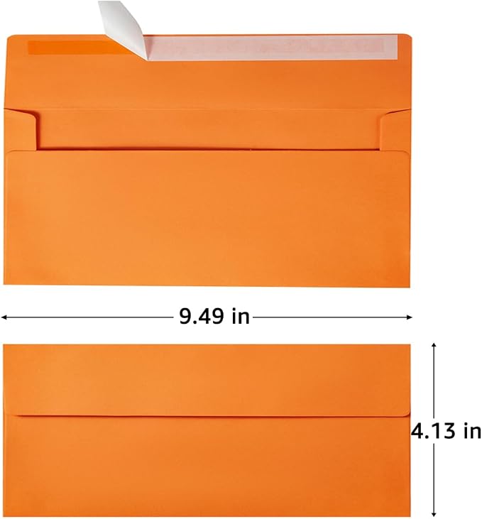 100 Pack Colored #10 Business Envelopes, 4.13 x 9.49 Inches, Dark Orange | Self Seal, Standard Envelopes, For Office Checks, Business Letter Mailing, Greeting Card
