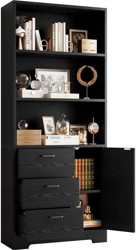 IRONCK 71 in Bookshelf with Doors and Drawers, Industrial Tall Bookcase | Engineered wood with 3-tier shelves, 3 drawers, enclosed storage, anti-tip hardware, 132 lb maximum capacity, for home office