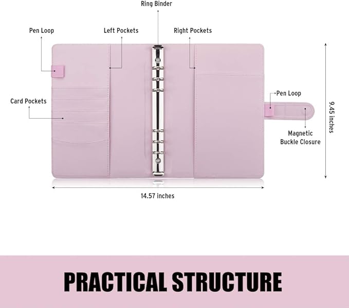 Sooez A5 Binder with 6 Rings, Refillable Notebook Planner Cover, Small Leather Organizer, Pink