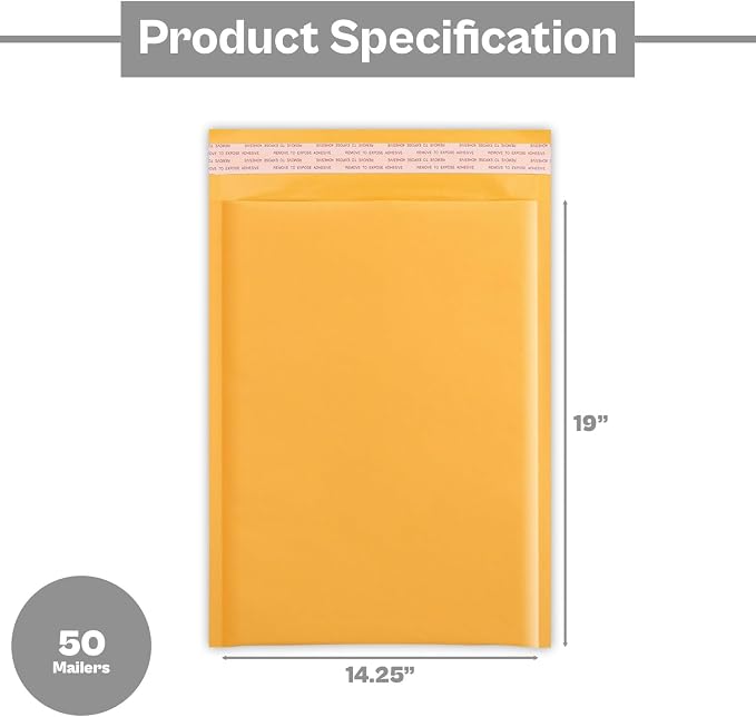 PSBM #7 50 PCS 14.25 x 20 Inch Kraft Bubble Mailers, Yellow Padded Envelopes, Self-Sealing Peel-Off Strip, Ideal for Shipping CD, DVD, Jewelry, Photos, Magazine, Books, Clothes and More