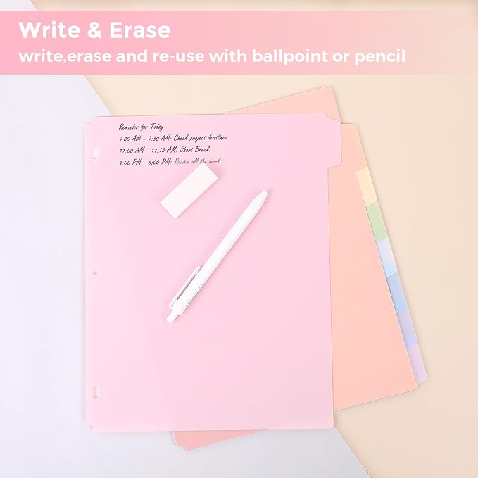 SKYDUE 8 Tab Write & Erase Durable Plastic Dividers for 3 Ring Binders | Binder Dividers for Letter Size, Aesthetic Pastels Binder Divider Organizers for Student, Teacher, Office, 1 Set