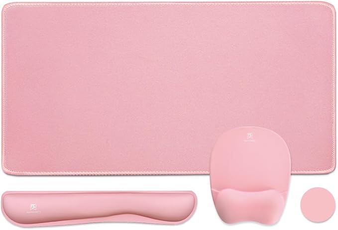 Keyboard Wrist Rest Large Mouse Pad Wrist Support for Computer, 4 in 1 Memory Foam Keyboard Pad Desk Mat Ergonomic Hand Rest Wrist Cushion for Home Office Gaming-Pink