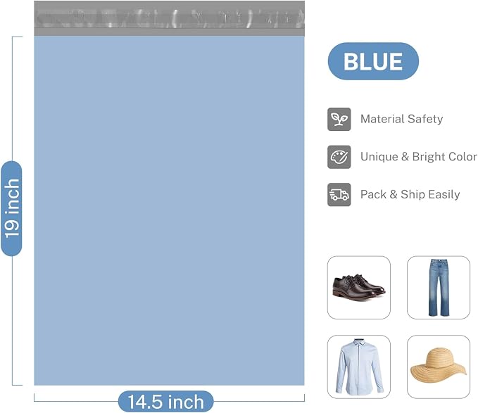 Metronic Poly Mailers 14.5x19 200pcs, Large Shipping Bags for Clothing, Durable Shipping Envelopes, Mailing Bags for Small Business, Waterproof and Tear-Proof Poly Bags Blue | Strong Adhensive Mailers Poly Bags Shipping Envelopes Tear-resistant Waterpr...