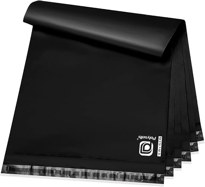 POLYSELLS 200 pcs 12x15.5 Inches Black Poly Mailers Shipping Envelopes, Strong Adhesive Sealing, Waterproof, and Tear-resistant Postal Mailing Bags for Small Business, Clothes, Non-Fragile Items