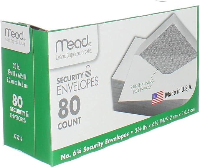 Mead #6-3/4 Envelopes, 3-5/8" x 6-1/2", Security Printed Lining for Privacy, Gummed Closure, White All-Purpose 20-lb Paper Mailing Envelopes, 80 Count (75212)
