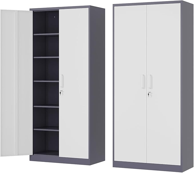 Fesbos Metal Storage Cabinet-72” Tall Steel File Cabinets with Lockable Doors and 5 Adjustable Shelves-Gray&White Steel Storage Cabinet for Home, School, Office, Garage