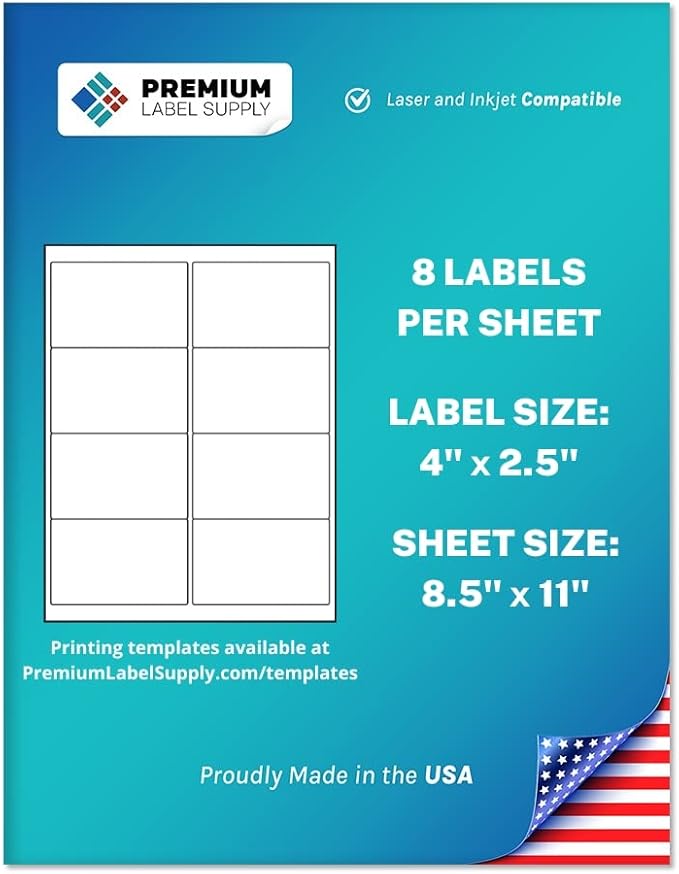 Premium Label Supply White Sticker Shipping/Mailing Labels – 4" x 2.5" – Laser/Inkjet Compatible – (8 per Sheet), 500 Sheets – 4,000 Total Adhesive Labels