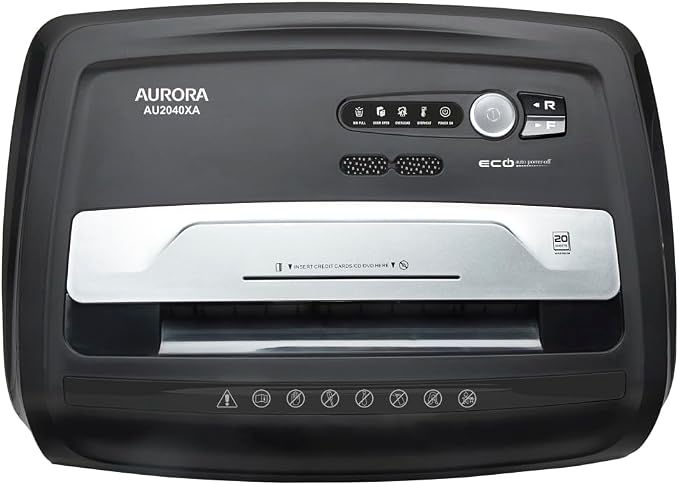 Aurora Anti-Jam 20-Sheet Crosscut CD/Paper and Credit Card Shredder, 7-Gallon pullout Basket, 60 Minutes Continuous Run Time