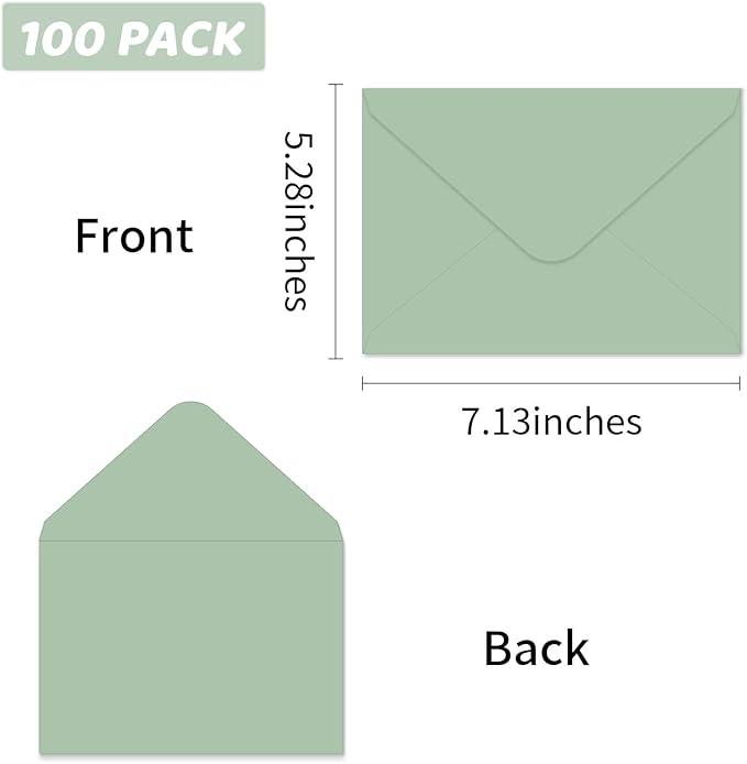 A7 Envelopes 100 Pack Sage Green Envelopes 5x7 V-shaped Flap, Suitable for 5x7 Photos, Cards, Weddings, Invitations, Announcements, Baby Gifts 5.25 "x 7.25" (Sage Green)