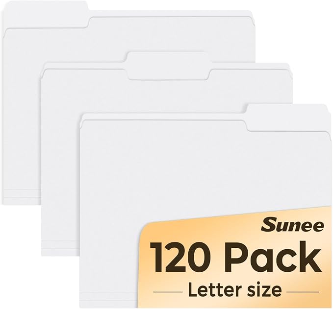 SUNEE File Folders, 120 Pack Manilla Folders 8.5 x 11, 1/3 Cut Tab for Easy Labeling and Organization, Durable Standard Paper for Home, Office, School Filing, White