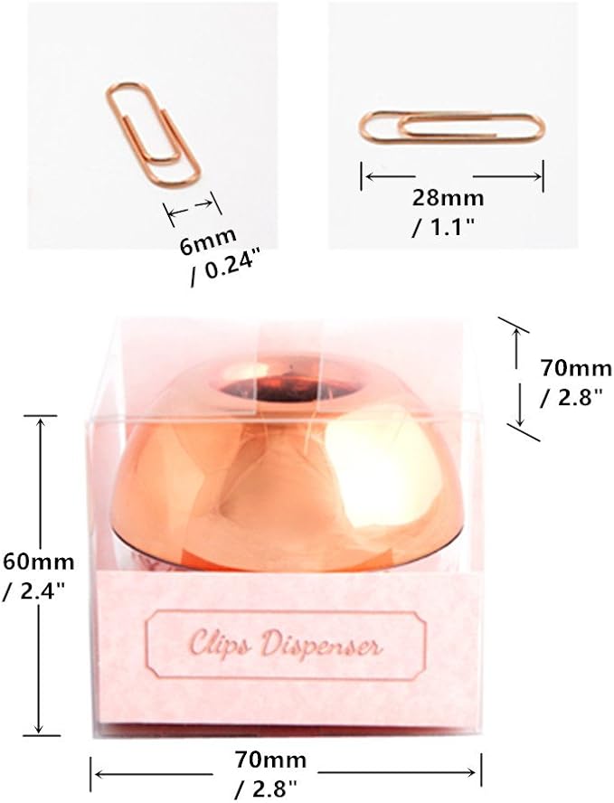 Rose Gold Paper Clip Holder Medium Holographic Paper Clips Dispenser 100pcs 28mm Paperclips for Desk Organizer Accessories (Rose Gold)