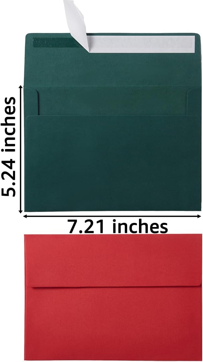 50 Pack 5 x 7 Envelopes Colored Self Seal for Wedding, Party Invitations, Greeting Cards, Announcements, Photos, 5.24 x 7.21 Inches (Christmas Green/Red)