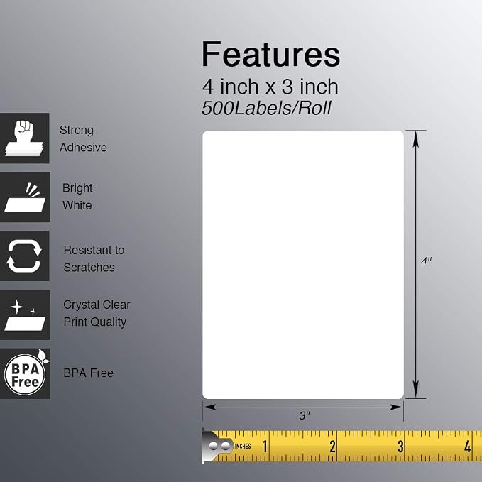 BETCKEY - 4" x 3" (102 mm x 76 mm) Thermal Labels, [16 Roll/8000 Labels] | Perforated, Strong Adhesive, Compatible with Zebra & Rollo Label Printer