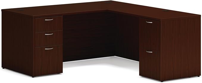 HON MOD L-Desk with Dual Pedestals, Home Office L Shape Executive Desk with Drawers, 66" W x 72" D, Mahogany