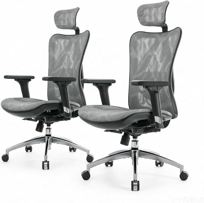 SIHOO M57 Ergonomic Mesh Office Chair, High Back Home Desk Chair with 3D Armrests, Lumbar Support and Adjustable Headrest, Comfortable Computer Chair, Hold 330 LBS-2 Packs-Grey