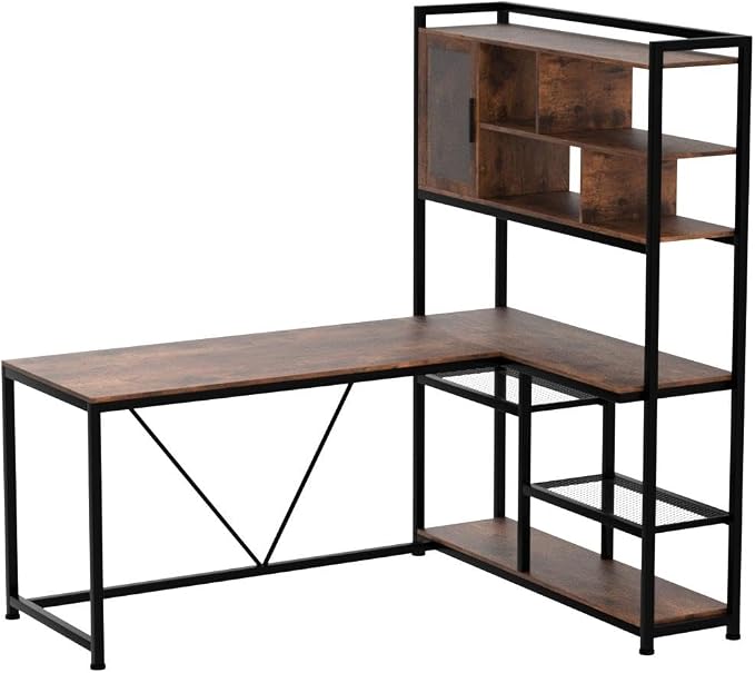 SEDETA L Shaped Computer Desk with Storage Shelves, Bookshelf, Rustic Brown | 58'' Reversible Office Desk with LED Light, Glass Door Cubby, L Shaped Corner Desk for Gaming, Two Monitors, Small Space