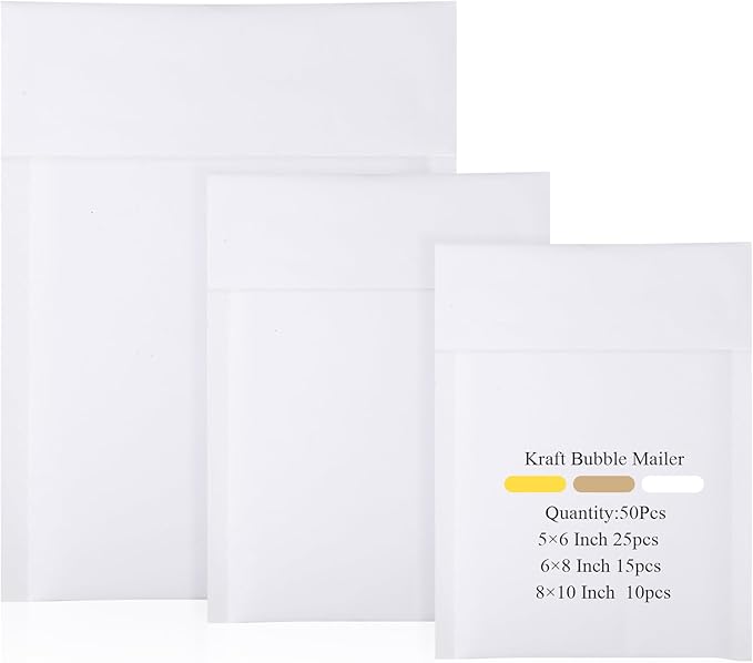 50 Pcs Kraft Bubble Mailers 3 Size Padded Envelopes Kraft Poly Mailers Bubble Lined Shipping Envelopes Mail Shipping Bags for CDs Book Business Supplies (White)