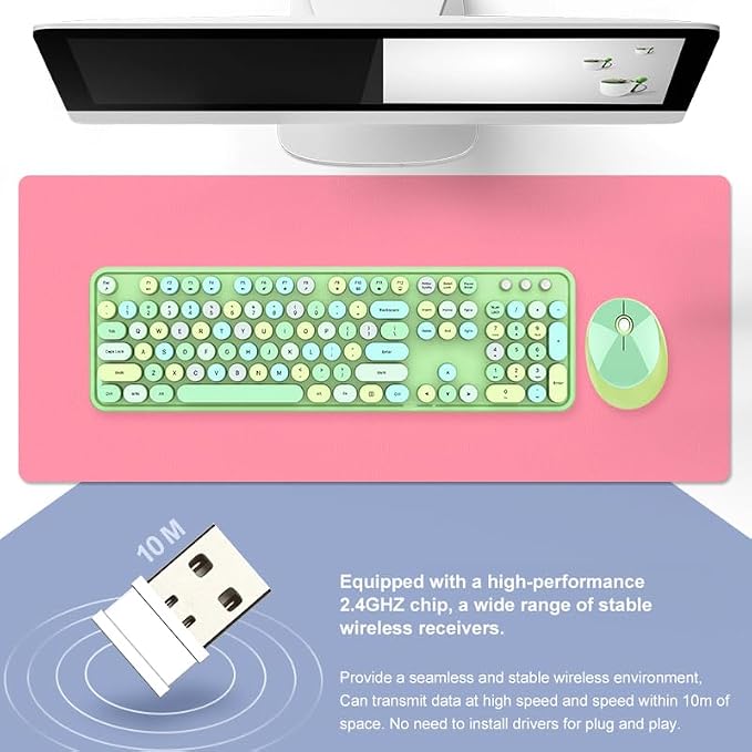 Guffercty kred Green Colorful Wireless Keyboard Mouse, Cute Retro Typewriter Round Keycaps 2.4GHz Dropout-Free Connection for Laptop/PC (Multicolor Green)