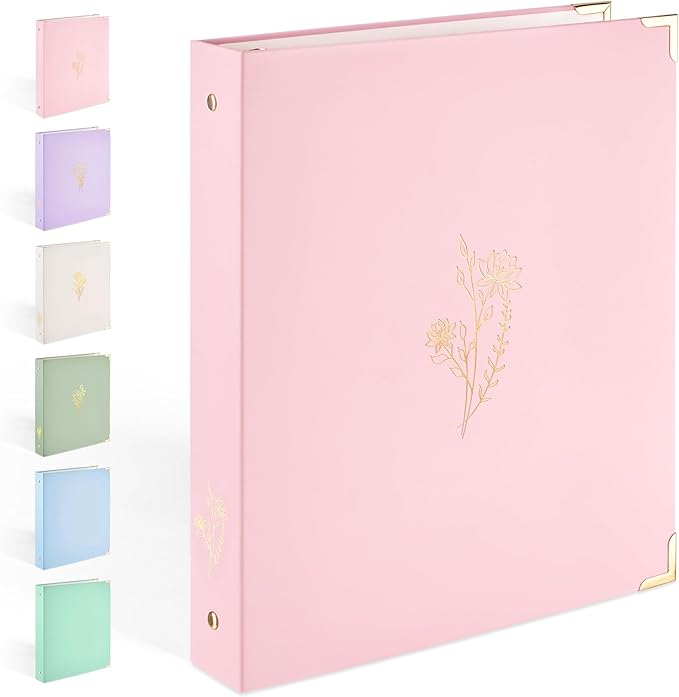 Sooez 3 Ring Binder, Cute 1 Inch Binders with Gold Foil & Metal Corners, Three Ring Recipe Binder with Pocket, Fits 8.5" x 11" Paper for Women School Home Office Supplies, Letter Size