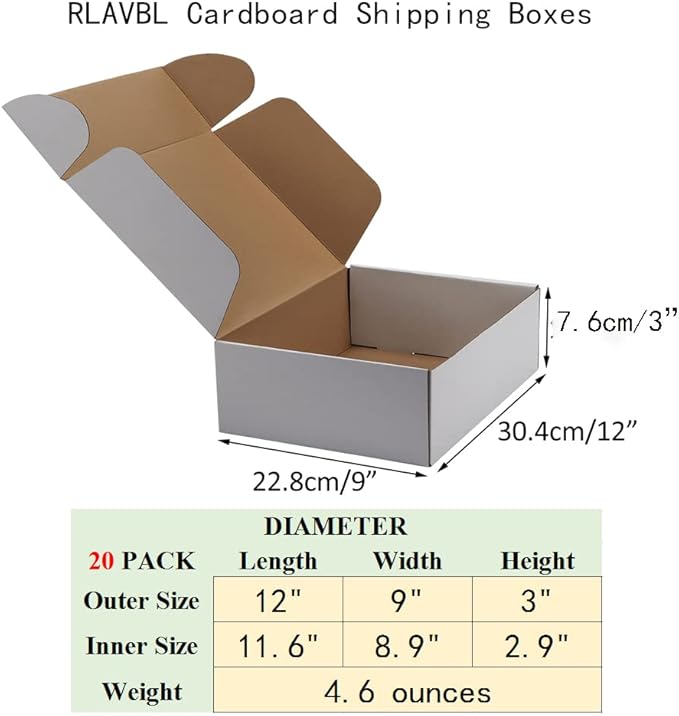 RLAVBL 12x9x3 Inches Shipping Boxes Set of 20, White Corrugated Cardboard Box, Mailer Boxes for Packing Small Business