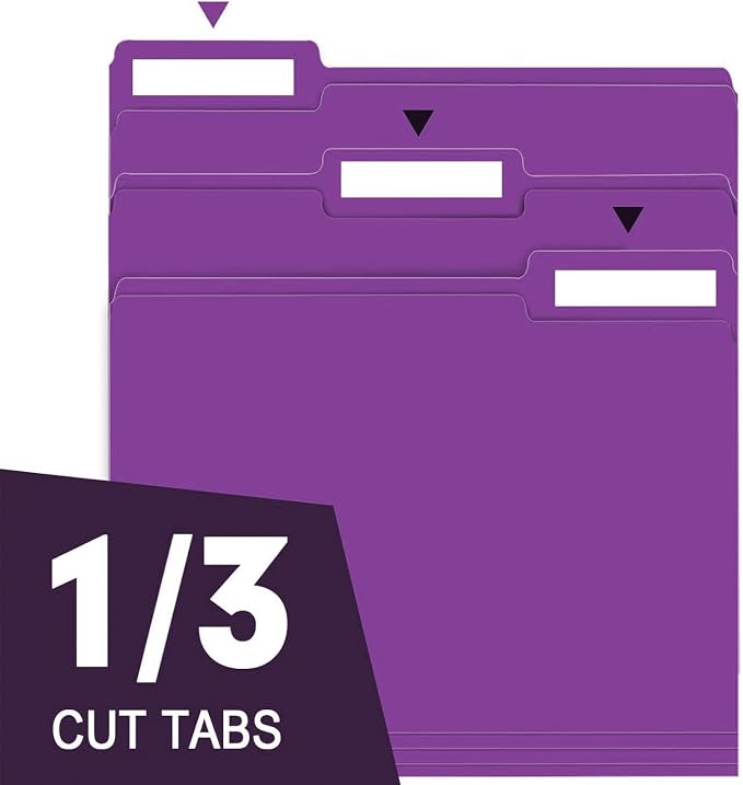 File Folder, RAZCC 100 Pack 1/3 Cut Tab File Folders Letter Size, Purple Folders for Dcouments, Folders with Tab Great for Organizing and Easy File Storage