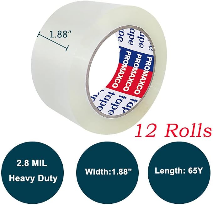 Heavy Duty Packing Tape 12 Rolls, Clear, 2.8 mil, 65 Yards x 1.88 inch, Total 780Y, Ultra Strong, Refill for Packaging and Shipping