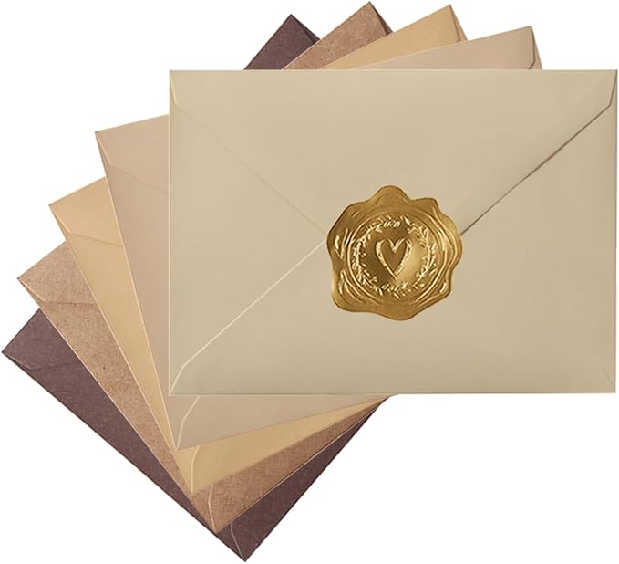 50 Pack Colored A7 Invitation Envelopes 5x7 Brown, 5 1/4 x 7 1/4 in | 5 Colors Envelopes with Gold Stickers For Cards and Invitations