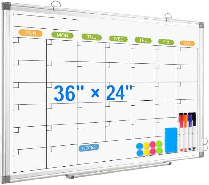White Board Calendar 36 x 24 Monthly Whiteboard Dry Erase Calendar | Double-Sided Magnetic Calendar, Wall Planning Board with Marker Kits for Home, School, Office