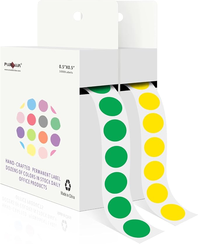PARLAIM 1/2" Round Color-Code Dot Stickers,Adhesive 2000 Stickers Rolls dots Label Dispenser Box Green Circle Stickers Labels(Green+Yellow)