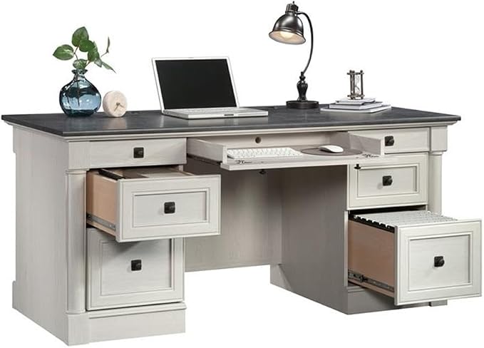 Sauder Palladia Office Desk with Drawers, Executive Desk with File Cabinet Storage, Cable Management, Keyboard Tray, in Glacier Oak Finish