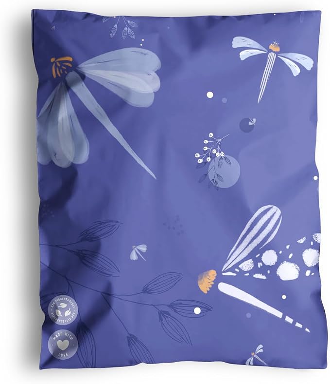 Poly Mailers 10 x 13 Inch - 100 pack Biodegradable Shipping Bags for Clothes - Impack Self-Seal Waterproof Thick Mailing Envelope for Accessories & Clothing - Purple Dragonfly