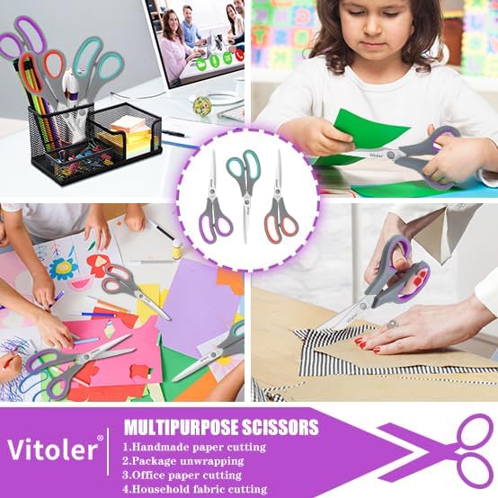 Vitoler Scissors 8.5" Heavy Duty scissors all purpose Bulk Set of 3 | ,Scissors for Office Home School Craft Supplies, Soft Comfort-Grip Right/Left Hand
