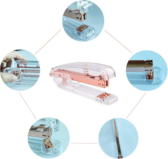 Acrylic Desktop Stapler with 1000 26/6 Staples, 6 Binder Clips & 50 Paper Clips, Desk Accessory Kit for Home Office School (Rose Gold)
