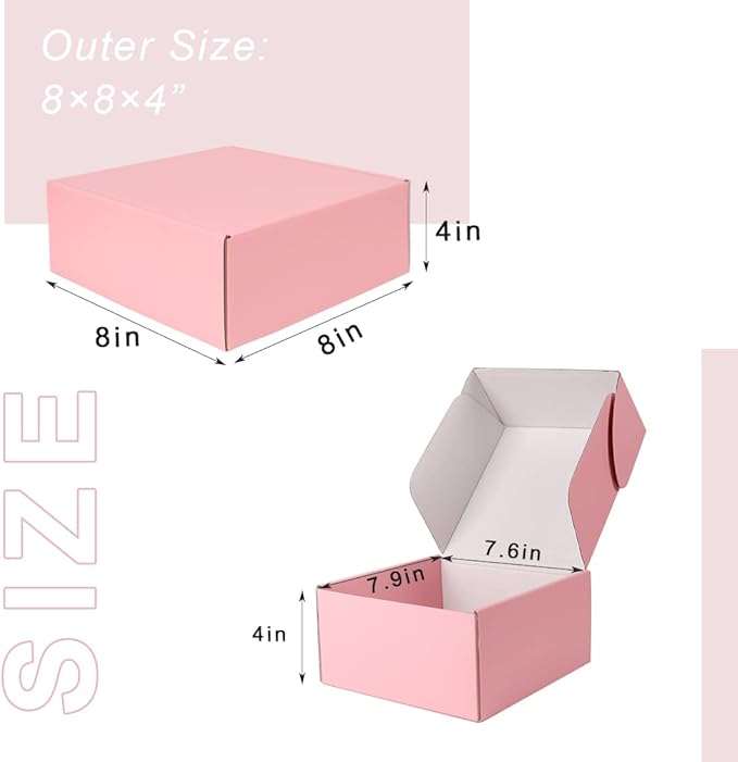 Pink Shipping Boxes Medium, 8x8x4" 20 Packs Mailing Packaging Boxes, Cardboard Mailer Boxes for Small Business Packing