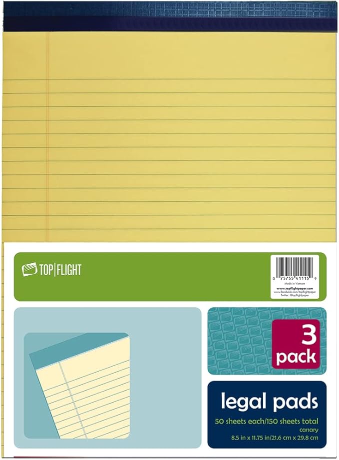 Top Flight Legal Pad, 8.5 x 11.75 Inches, 0.375 Inch Rule, Canary, 50 Sheets per Pad, 3 Pads per Pack (4513108)