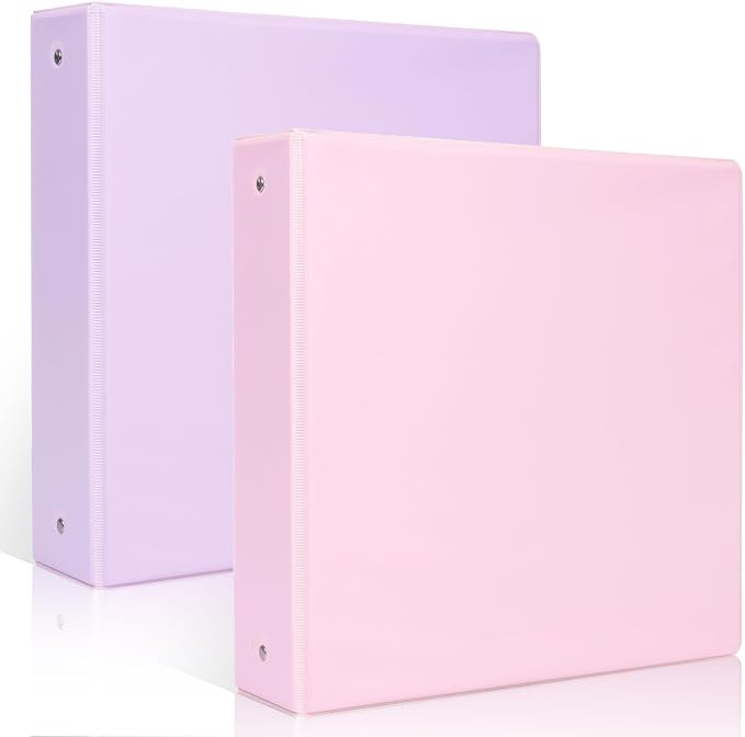 SKYDUE 3 Ring Binder 2 Pack, 2 Inch Clear View Binders with 2 Interior Pockets（Fit 8.5x11 Inches, Round Ring Binder for Office & School Supplies Organize, Pink and Purple
