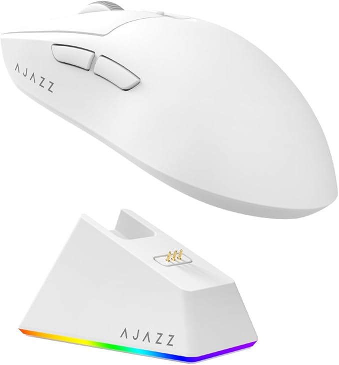 AJAZZ AJ139 V2 MC Wireless Gaming Mouse with RGB Charging Dock, 66g Ultra-Lightweight Tri-Mode Optical Mouse, 12000 DPI PAW3311 Sensor, Ergonomic Rechargeable Gaming Mouse for PC/Mac - White