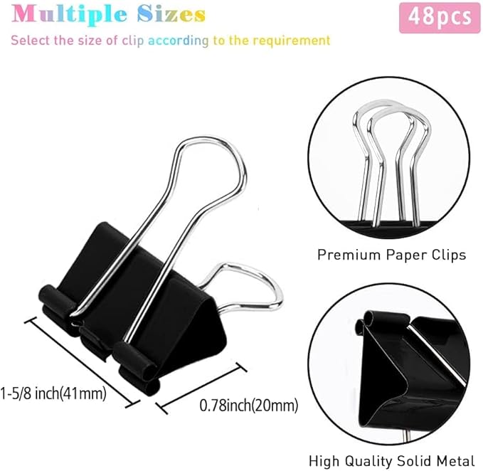 Large Binder Clips, 48 Pack, 1.6 Inch, Standard 41mm, Black, Capacity 0.66 Inch, Metal Paper Clips, Fold Clamp, Office Clips, School & Home Use