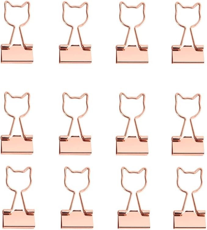 Cat Binder Clips,Rose Gold Cute Metal Binder Clips with Cat Shaped 3/4-Inch Small Office Supplies for Cat Lovers Decor (12Pcs)