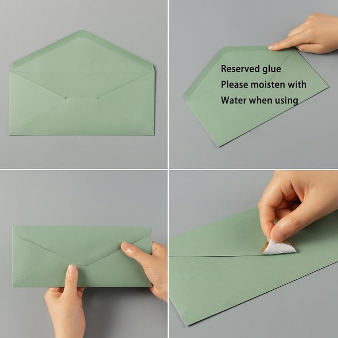 50 Pack Sage Green #10 Business Envelopes with Stickers, 4.13 x 9.49 Inches | Standard Envelopes V Flap, For Office, Business Letter, Letter Mailing