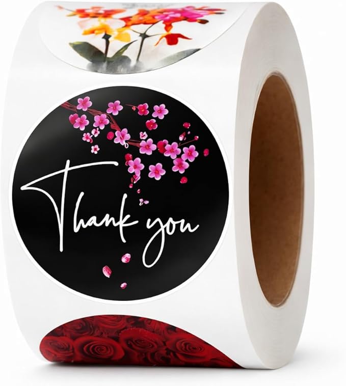 500 Thank You Stickers 1.5" Round Labels (8 Unique Designs) for Small Business, Packaging, Envelopes, Gift Bags, Bakery Orders Self-Adhesive Waterproof Sticker Roll