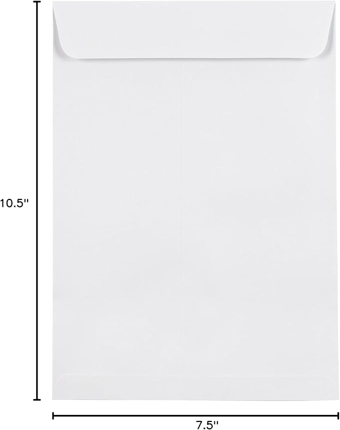 JAM PAPER 7 1/2 x 10 1/2 Open End Commercial Envelopes with Peel and Seal Closure - White - Bulk 250/Box