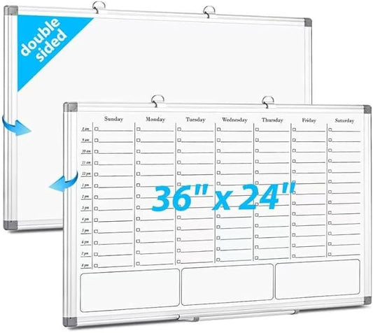Weekly Calendar Dry Erase Board for Wall, Hanging 36"×24" Double-Sided Magnetic Whiteboard with Hourly Slots, for Planning, Memo, to Do List, Home, Office, Work