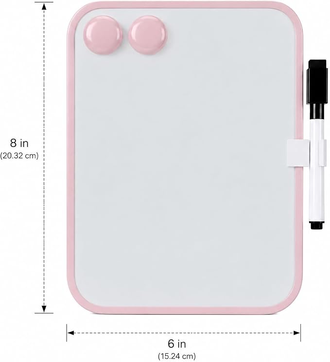 2 Pack Magnetic Dry Erase Board 6" x 8", Mini Whiteboard with Marker, Magnets & Pen Holder, Small Magnetic Whiteboard for Fridge, Locker, Office Desk, Kitchen, School & Home Organization(Pink)