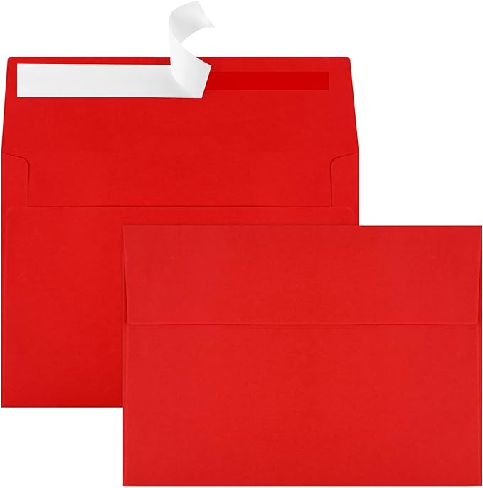 50 Packs 5x7 Envelopes, A7 5x7 Envelopes for Invitations, Printable Invitation Envelopes Self Seal for Weddings, Invitations, Photos, Greeting Cards, Mailing (Red)