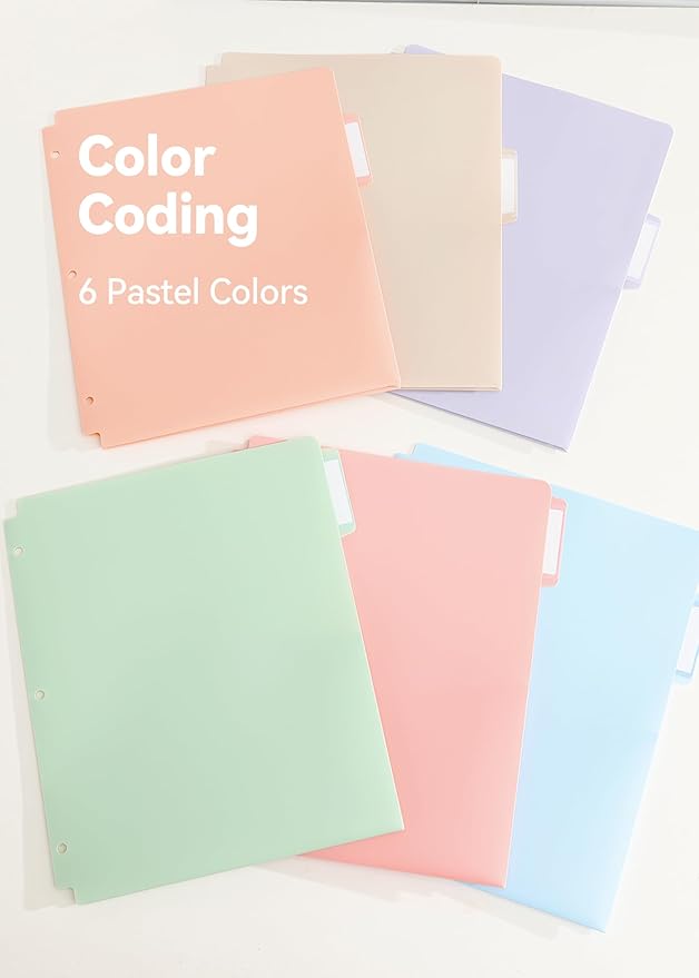 Plastic Folders with Pockets, 3 Hole Punched for 3 Ring Binder, 1/3 Cut Index Tabs for Quick Find, Pastel 6 Pack, Letter Size for School, Colorful Labels