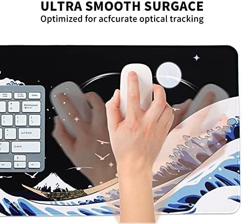 MEWOOCUE® Gaming Mouse Pad for Desk,Large Wave Mousepad Laptop,Black Japanese Anime Mouse Mat,Long XXL Waterproof Keyboard Pads,Big Non-Slip Mousepads for Game Office Home（31.5 x 11.9 in）