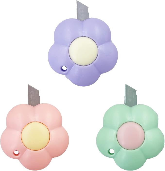 Cute Retractable Box Cutters, 3Pcs Flower Shaped Mini Art Cutter Utility Knife Sharp Cartons Cardboard Cutter Letter Opener Smooth for Office and Home Use